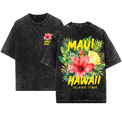 Maui Hawaii Pineapple Hibiscus Graphic Island Floral Summer Vintage Casual Men Women Apparel Unisex Wash T-Shirt