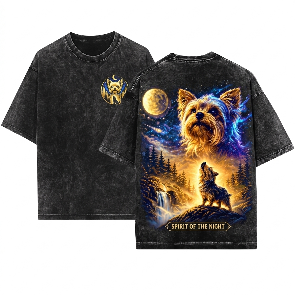 Vintage Yorkie Howling at Full Moon Graphic 90s Retro Animal Lover Gift Unisex Wash T-Shirt