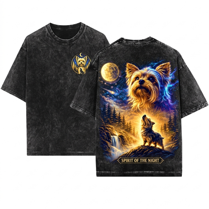 Vintage Yorkie Howling at Full Moon Graphic 90s Retro Animal Lover Gift Unisex Wash T-Shirt