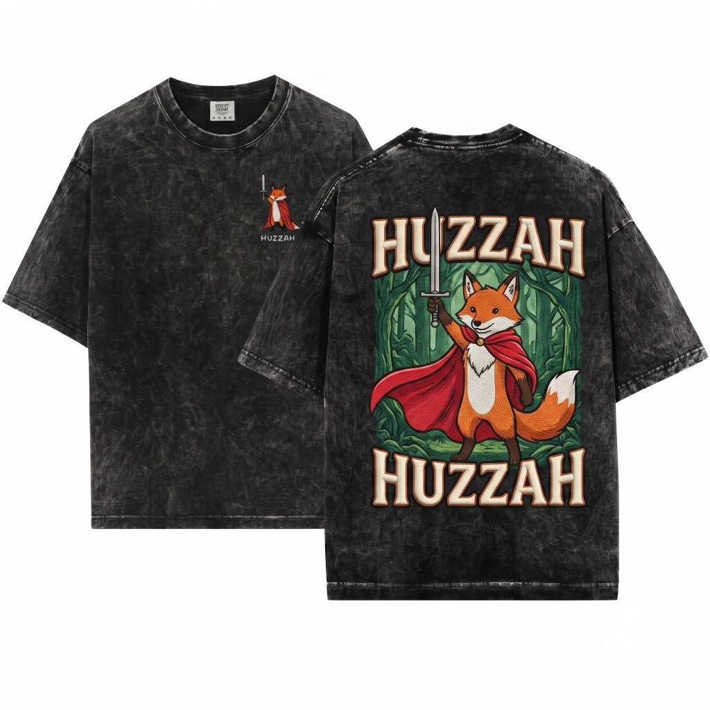 Huzzah Fox Embroidered Medieval Renaissance Faire Tabletop Fantasy Gamer Apparel Unisex Wash T-Shirt
