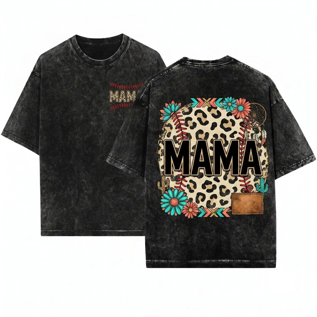 Mama Western Cowboy Leopard Print Circle Garment Dyed Gift Unisex Wash T-Shirt