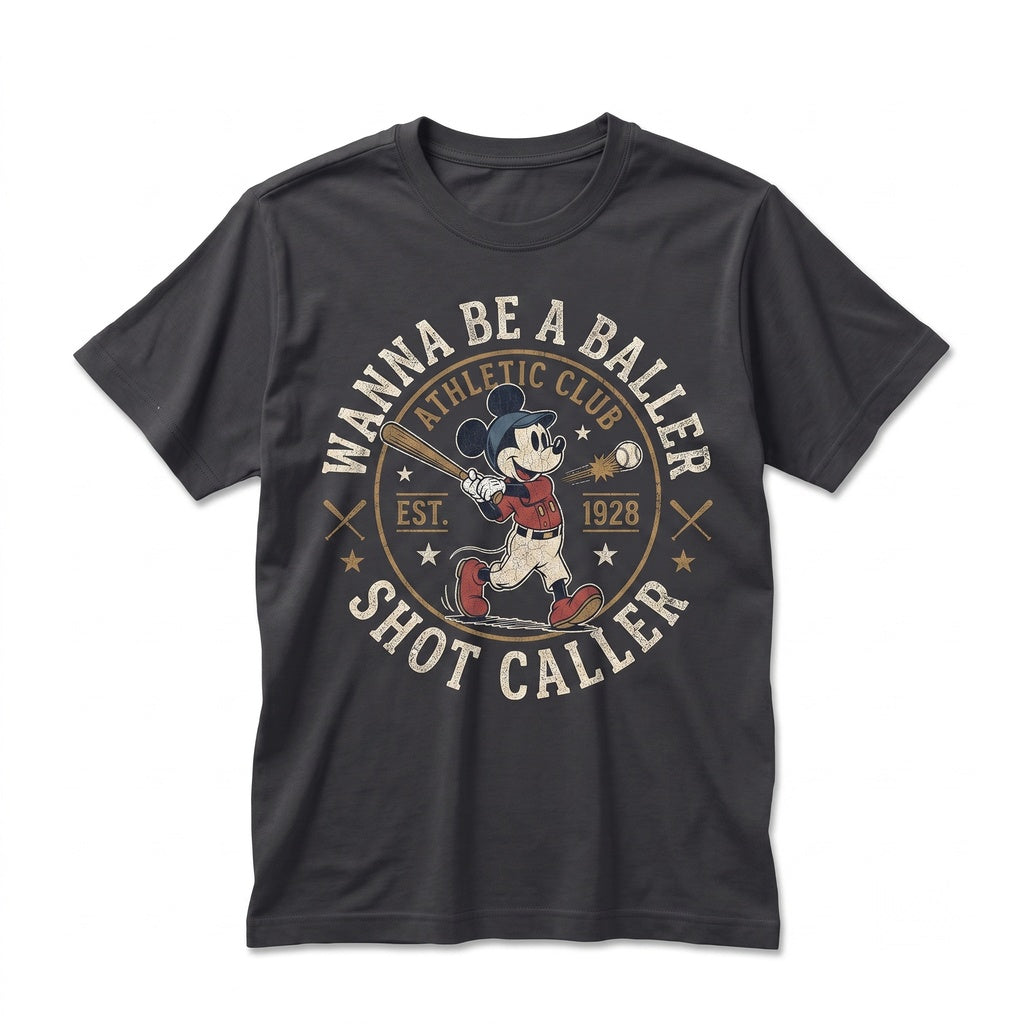 Retro Wanna Be A Baller Shot Caller Vintage Mouse Playing Baseball Graphic Apparel, Athletic Sports Gift For Dad Happy Fathers