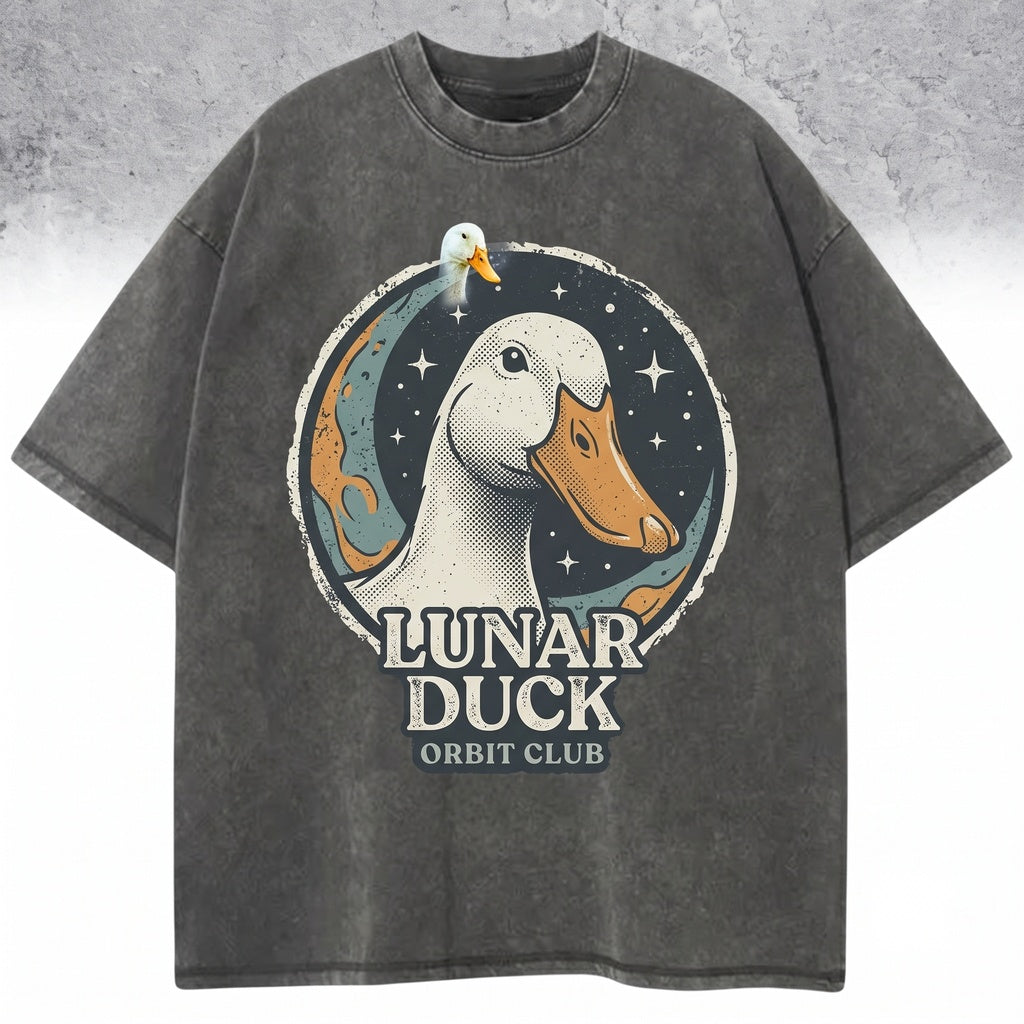 Three Call Duck Moon Cute White Bantam Duckling Pet Poultry Galaxy Vintage Wash Retro Farm Bird Lover Unisex TShirt