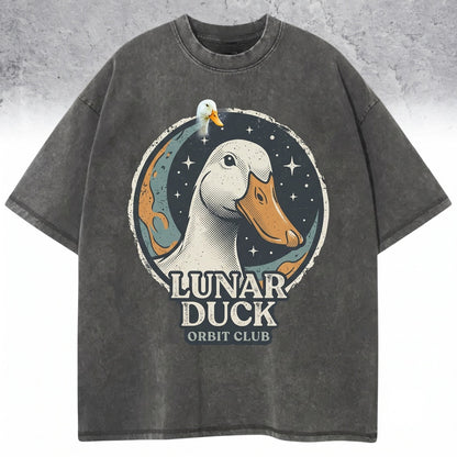 Three Call Duck Moon Cute White Bantam Duckling Pet Poultry Galaxy Vintage Wash Retro Farm Bird Lover Unisex TShirt