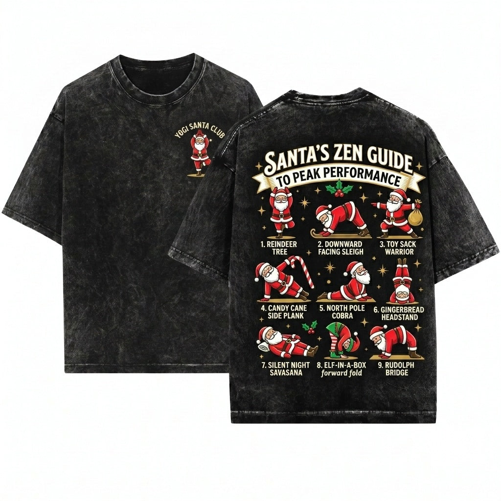 Santa Yoga Poses Christmas Whimsical Holiday Unisex Wash T-Shirt