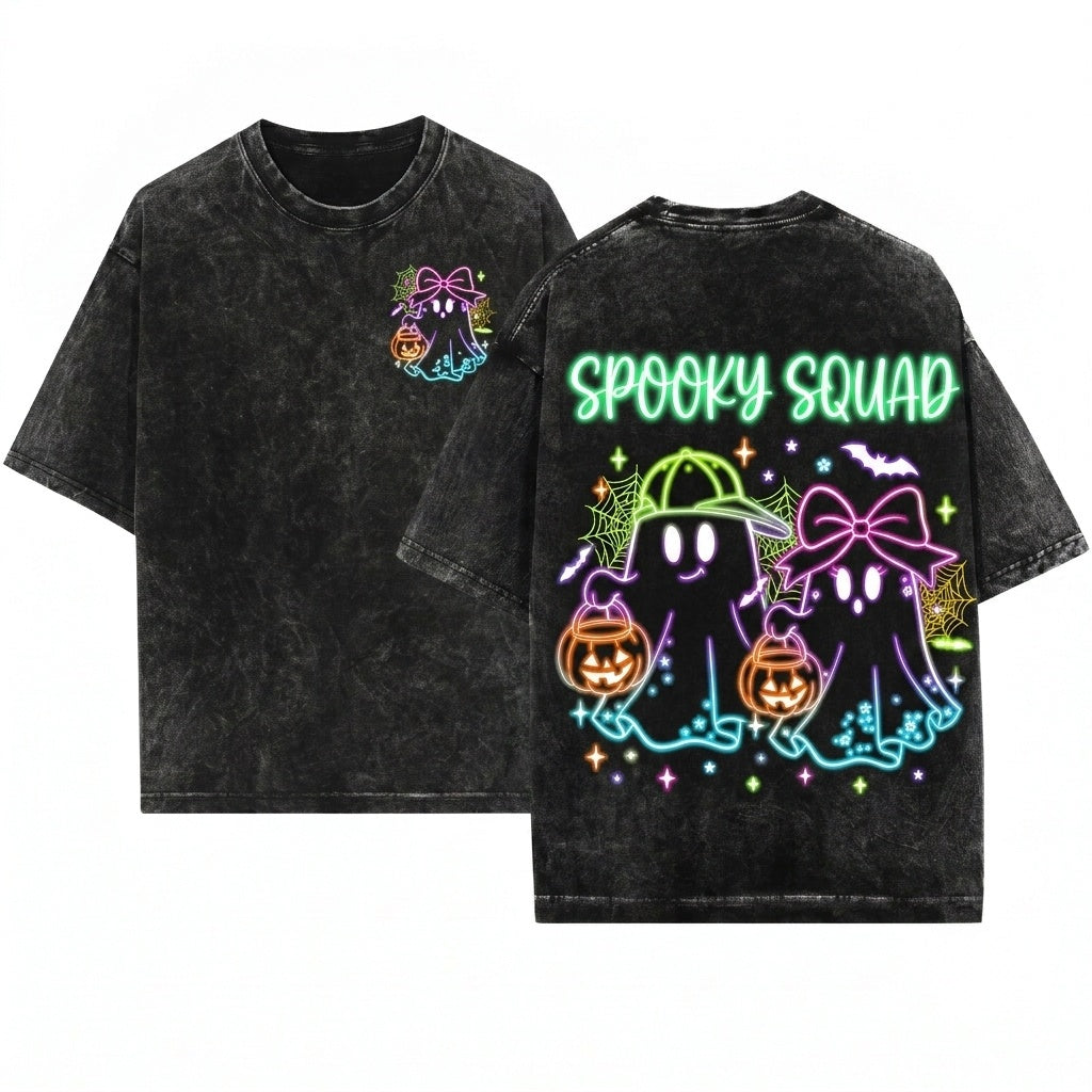 Cute Custom Name Ghost Boo Bow Preppy Neon Halloween Toddler Kids Graphic Unisex Wash T-Shirt