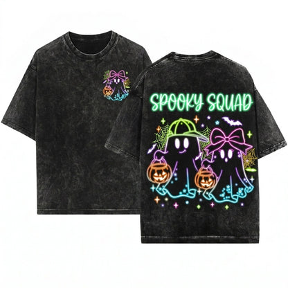 Cute Custom Name Ghost Boo Bow Preppy Neon Halloween Toddler Kids Graphic Unisex Wash T-Shirt
