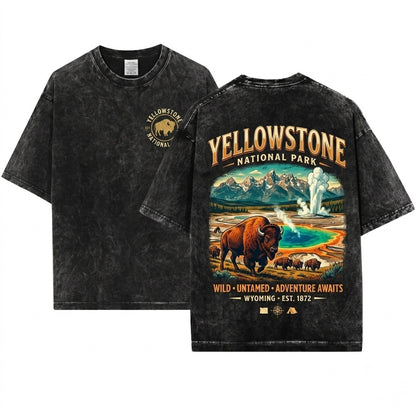 Yellowstone National Park Vintage Wyoming Nature Bison Geyser Landscape Outdoor Adventure Travel Gift Unisex Wash T-Shirt