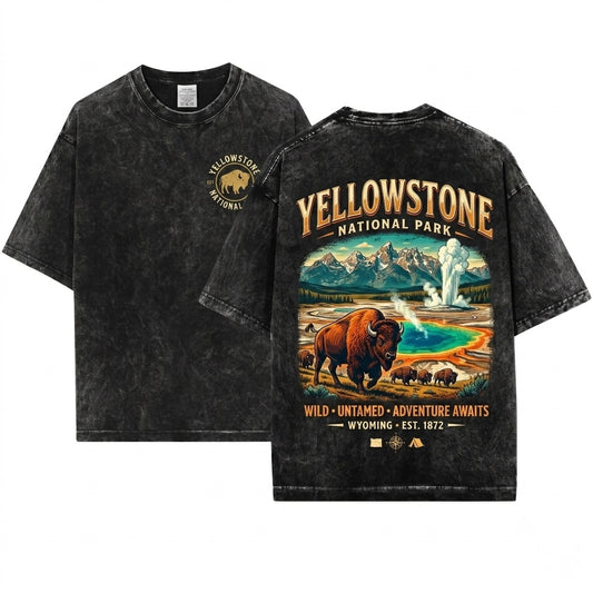 Yellowstone National Park Vintage Wyoming Nature Bison Geyser Landscape Outdoor Adventure Travel Gift Unisex Wash T-Shirt