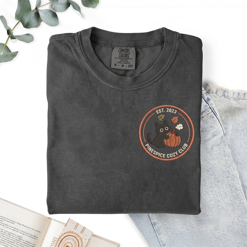 Embroidered Black Cat Pumpkin Fall Leaves Autumn Graphic Unisex TShirt
