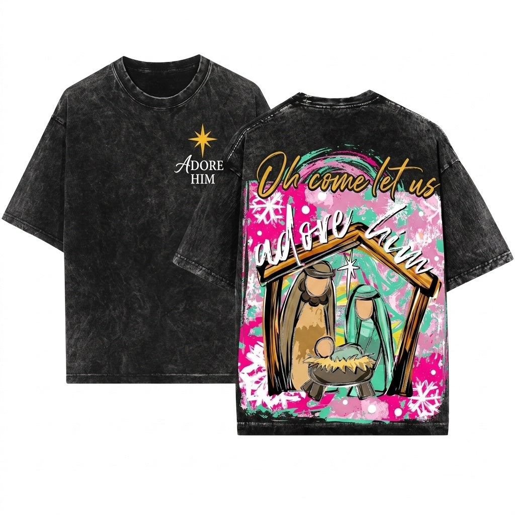 Colorful Distressed Oh Come Let Us Adore Him Jesus Nativity Scene Christian Christmas Unisex Wash T-Shirt
