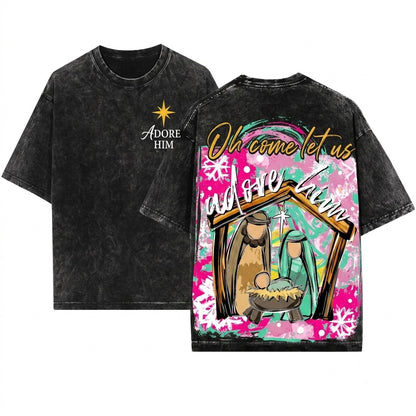 Colorful Distressed Oh Come Let Us Adore Him Jesus Nativity Scene Christian Christmas Unisex Wash T-Shirt