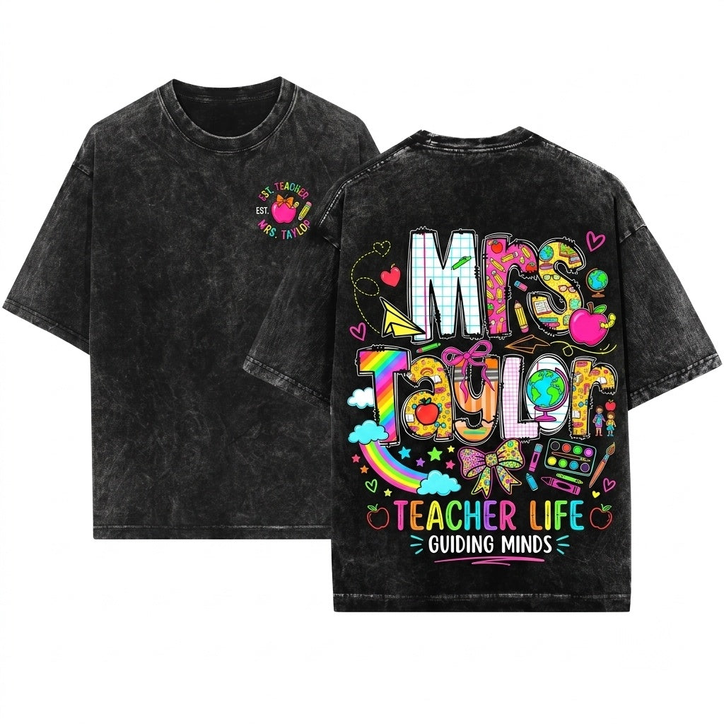 Custom Teacher Name Doodle Personalized Mrs Cute Back To School Trendy Appreciation Gift Unisex Wash T-Shirt