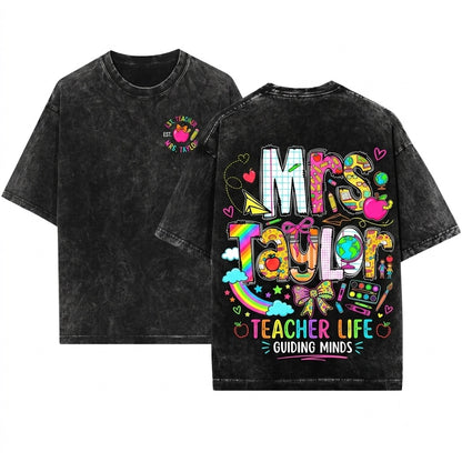 Custom Teacher Name Doodle Personalized Mrs Cute Back To School Trendy Appreciation Gift Unisex Wash T-Shirt