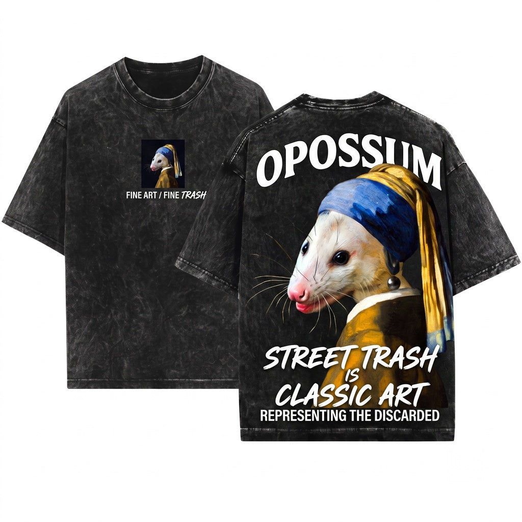 Opossum Girl with a Pearl Earring Painting Fine Art Graphic Apparel Unisex Wash T-Shirt