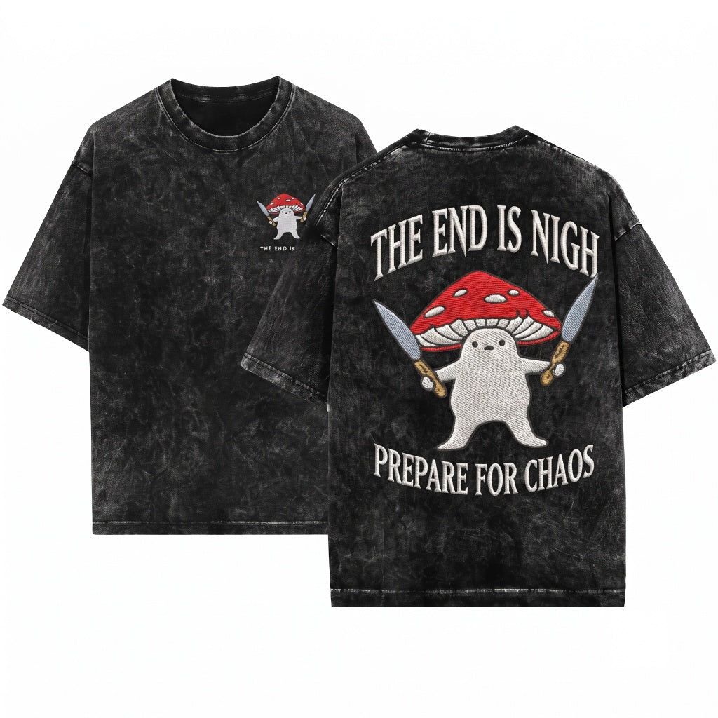 Funny Mushroom With Knives Chaotic Meme The End Is Nigh Unisex Wash T-Shirt
