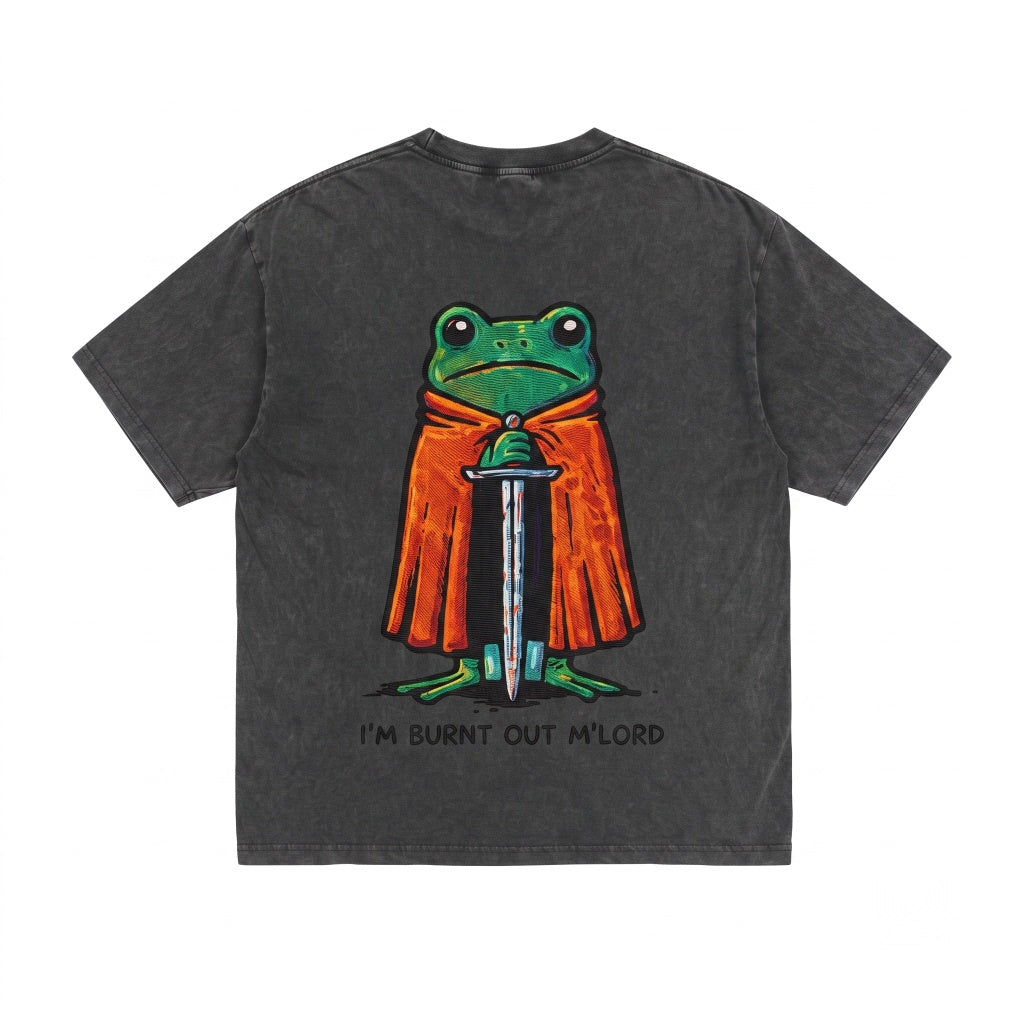 Embroidered Frog Knight Burnout Mood Funny Vintage Unisex Wash T-Shirt