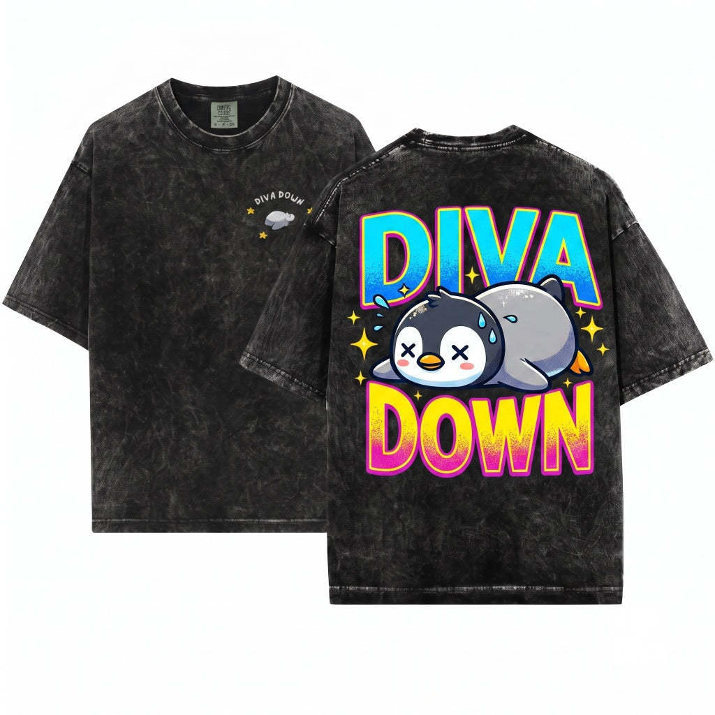 Diva Down Penguin Embroidered Funny Animal Graphic Apparel Heavyweight Unisex Wash T-Shirt