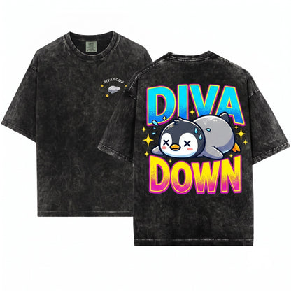 Diva Down Penguin Embroidered Funny Animal Graphic Apparel Heavyweight Unisex Wash T-Shirt