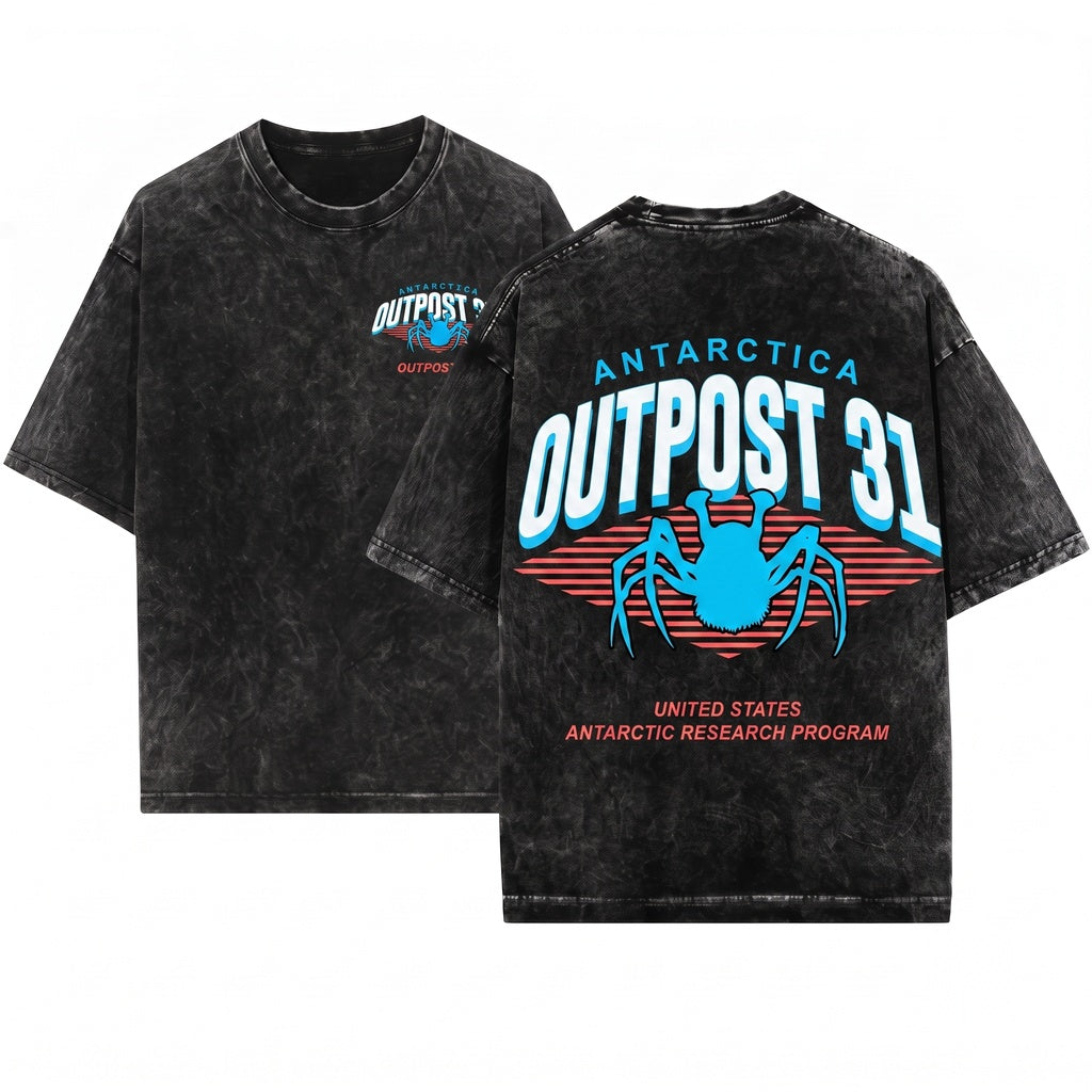 Outpost 31 Antarctica Research Logo Retro 80s Horror Movie Graphic Unisex Wash T-Shirt
