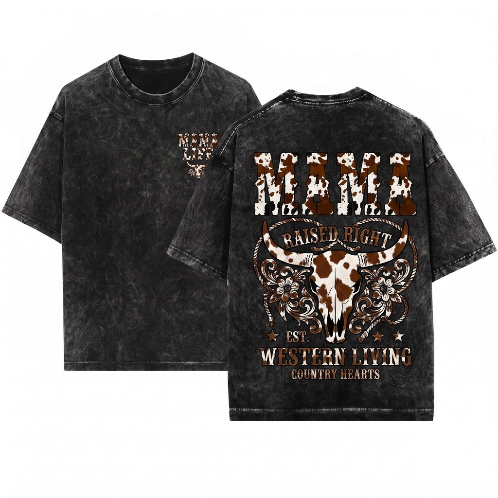 Mama Cow Print Western Varsity Cute Ranch Retro Graphic Unisex Wash T-Shirt