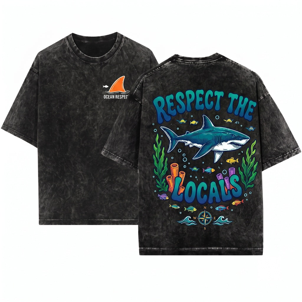 Vintage Respect The Locals Shark Ocean Predator Wildlife Coastal Retro Beach Graphic Top Gift Unisex Wash T-Shirt