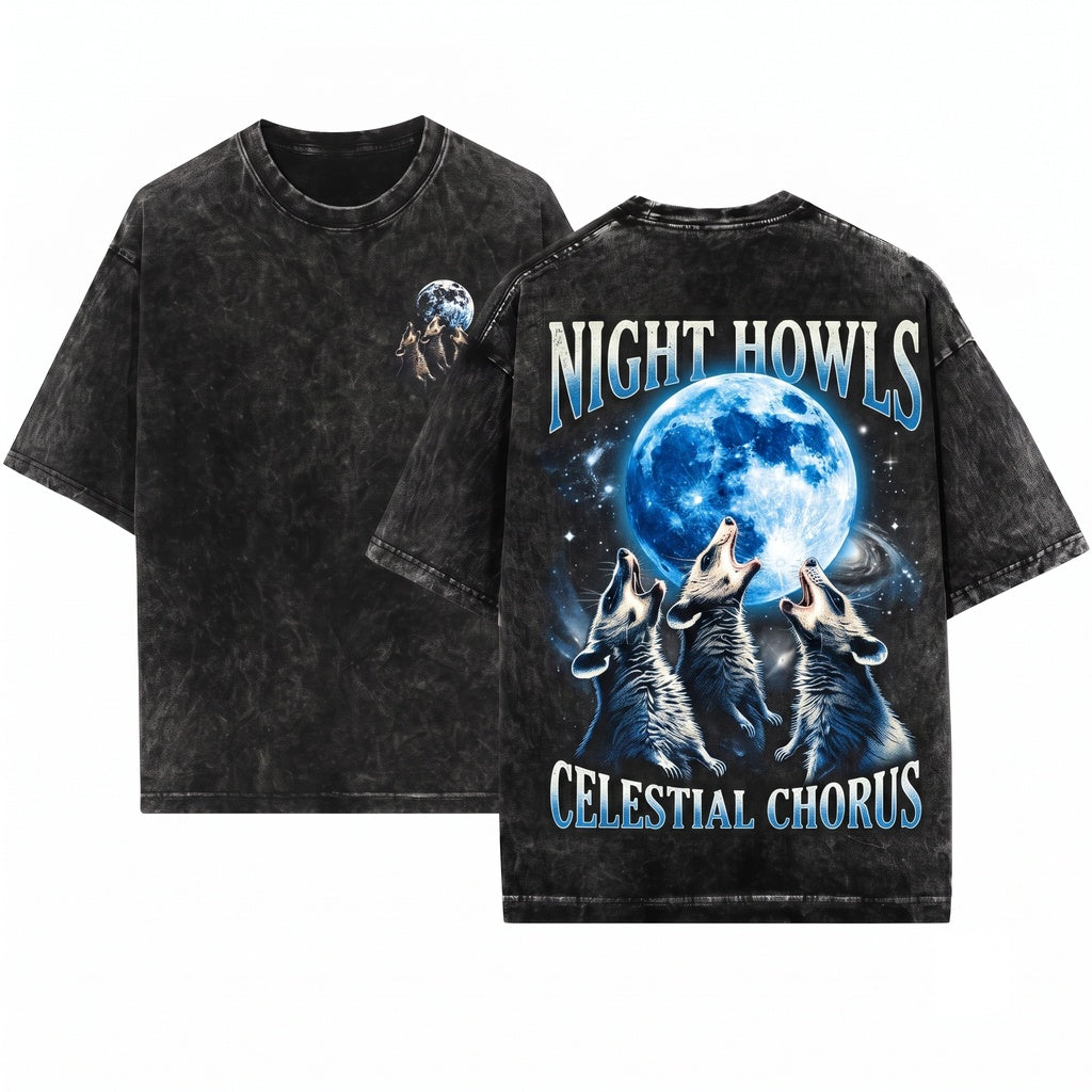 Retro Opossum Howling at Full Moon Graphic Unisex Wash T-Shirt