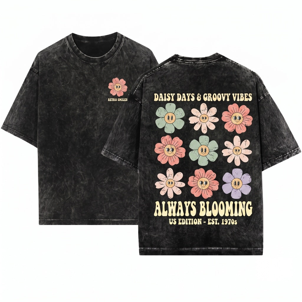 Retro Checkered Hippie Daisy Flower Crewneck Unisex Wash T-Shirt