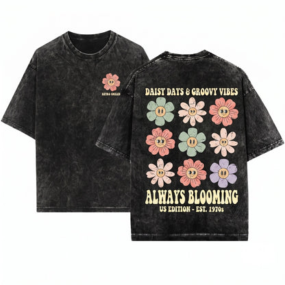 Retro Checkered Hippie Daisy Flower Crewneck Unisex Wash T-Shirt