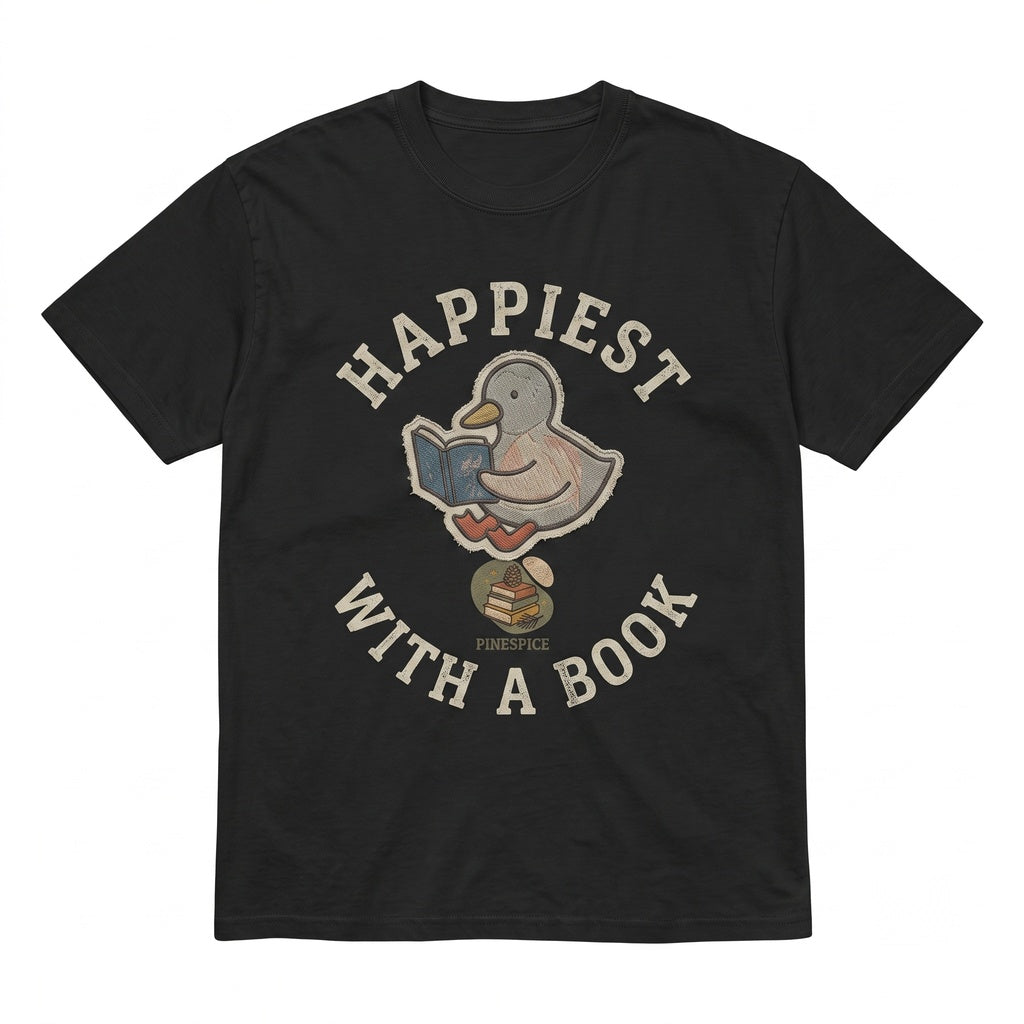 Happiest With a Book Cute Duck Reading Embroidered Heavyweight Cotton Graphic Bookish Gift Cozy Reader Unisex TShirt