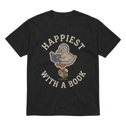 Happiest With a Book Cute Duck Reading Embroidered Heavyweight Cotton Graphic Bookish Gift Cozy Reader Unisex TShirt