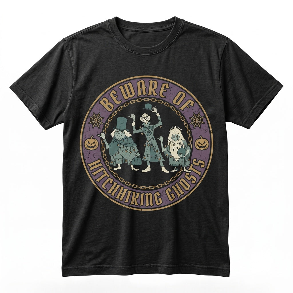 Beware Of Hitchhiking Ghosts Halloween Ride Welcome Foolish Mortals Spooky Vacation Graphic Unisex TShirt