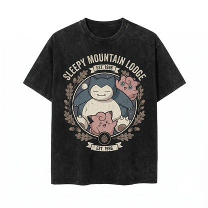 Vintage Snorlax Jigglypuff Cute Anime Washed Kawaii Cartoon Graphic Birthday Gift Boys Unisex TShirt