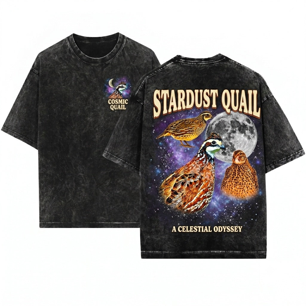 Three Bobwhite Quail Moon Galaxy Game Bird Retro Graphic Vintage Nature Lover Pet Owner Gift Unisex Wash T-Shirt