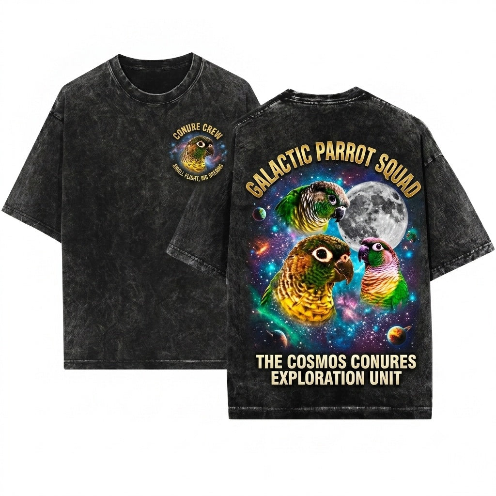 Three Green Cheek Conure Moon Galaxy Parrot Lover Pet Bird Owner Vintage Graphic Birthday Unisex Wash T-Shirt