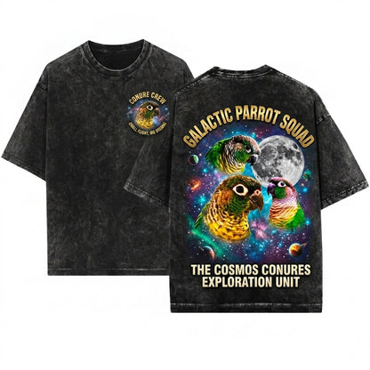 Three Green Cheek Conure Moon Galaxy Parrot Lover Pet Bird Owner Vintage Graphic Birthday Unisex Wash T-Shirt