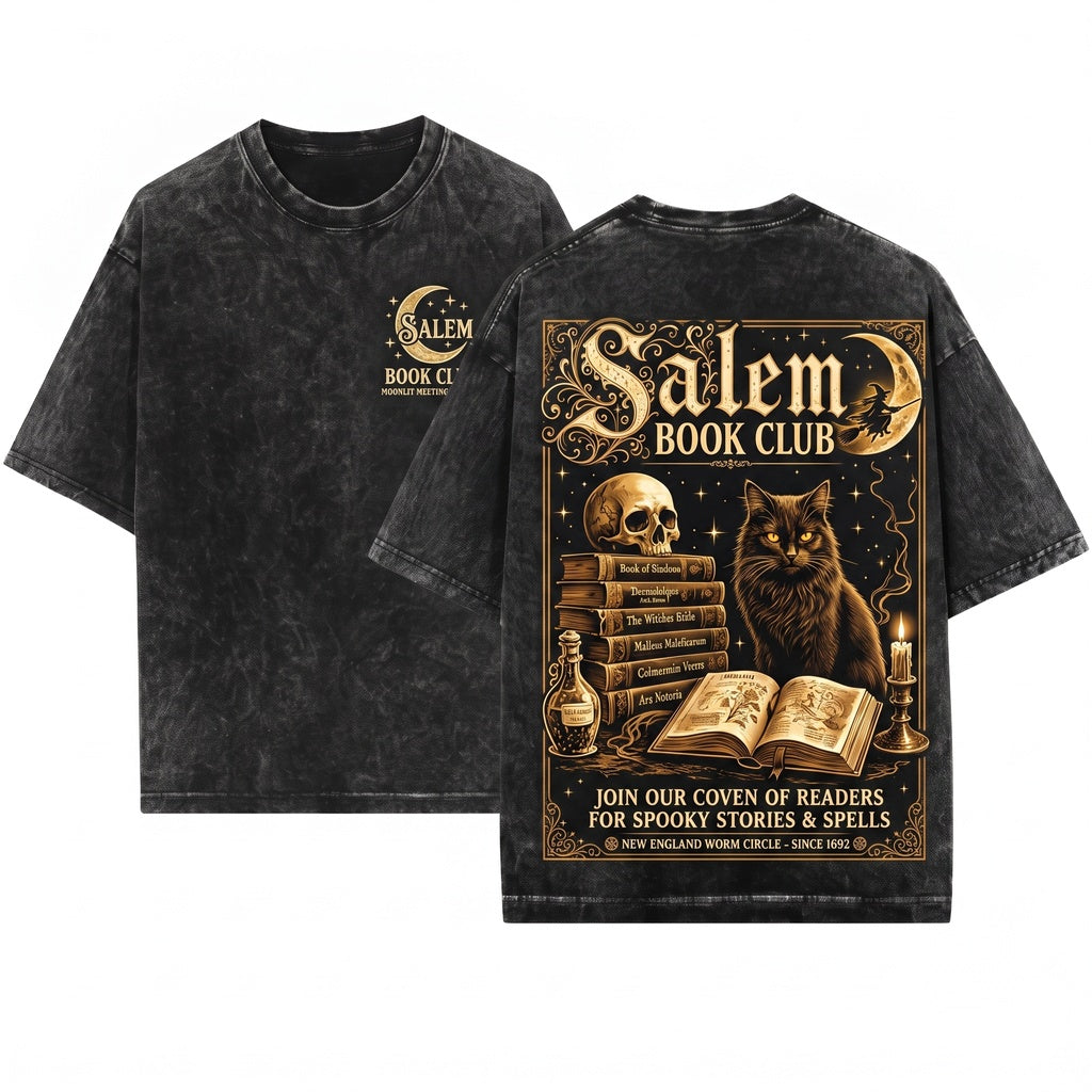 Vintage Salem Book Club Bookish Halloween Graphic Spooky Black Cat Witch Unisex Wash T-Shirt
