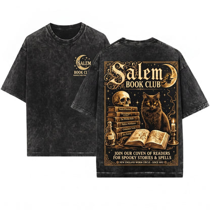 Vintage Salem Book Club Bookish Halloween Graphic Spooky Black Cat Witch Unisex Wash T-Shirt