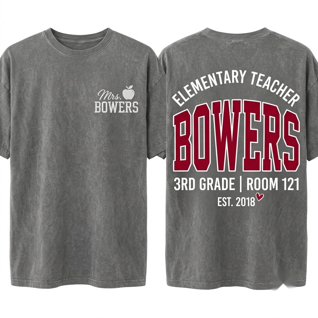 Personalized Custom Teacher Name Embroidered Varsity Colorful Back To School Gift Pullover Apparel Unisex Wash T-Shirt
