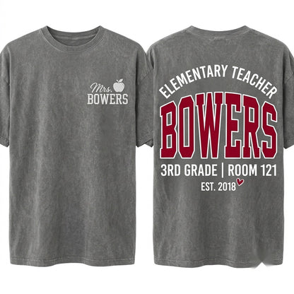 Personalized Custom Teacher Name Embroidered Varsity Colorful Back To School Gift Pullover Apparel Unisex Wash T-Shirt