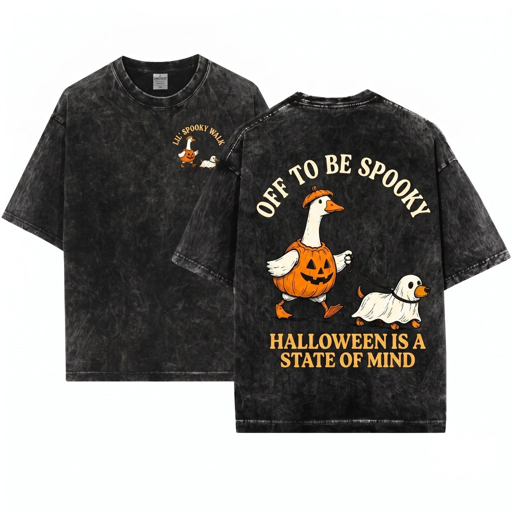 Funny Spooky Goose Walking Ghost Dog Cute Pumpkin Fall Halloween Graphic Season Unisex Wash T-Shirt