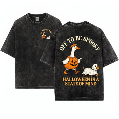Funny Spooky Goose Walking Ghost Dog Cute Pumpkin Fall Halloween Graphic Season Unisex Wash T-Shirt