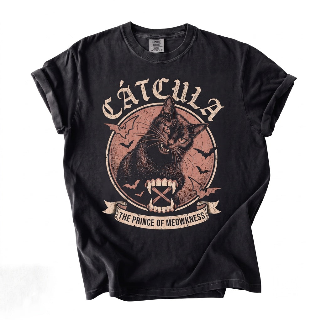 Gothic Black Cat Vampire Bat Wings Spooky Fangs Dark Horror Graphic Unisex TShirt
