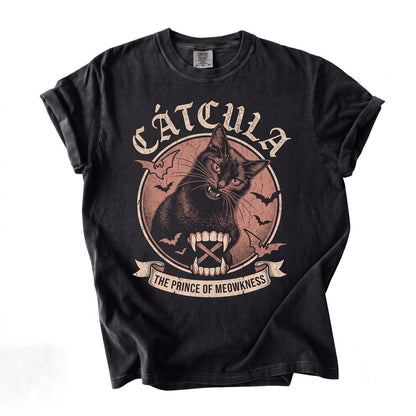 Gothic Black Cat Vampire Bat Wings Spooky Fangs Dark Horror Graphic Unisex TShirt
