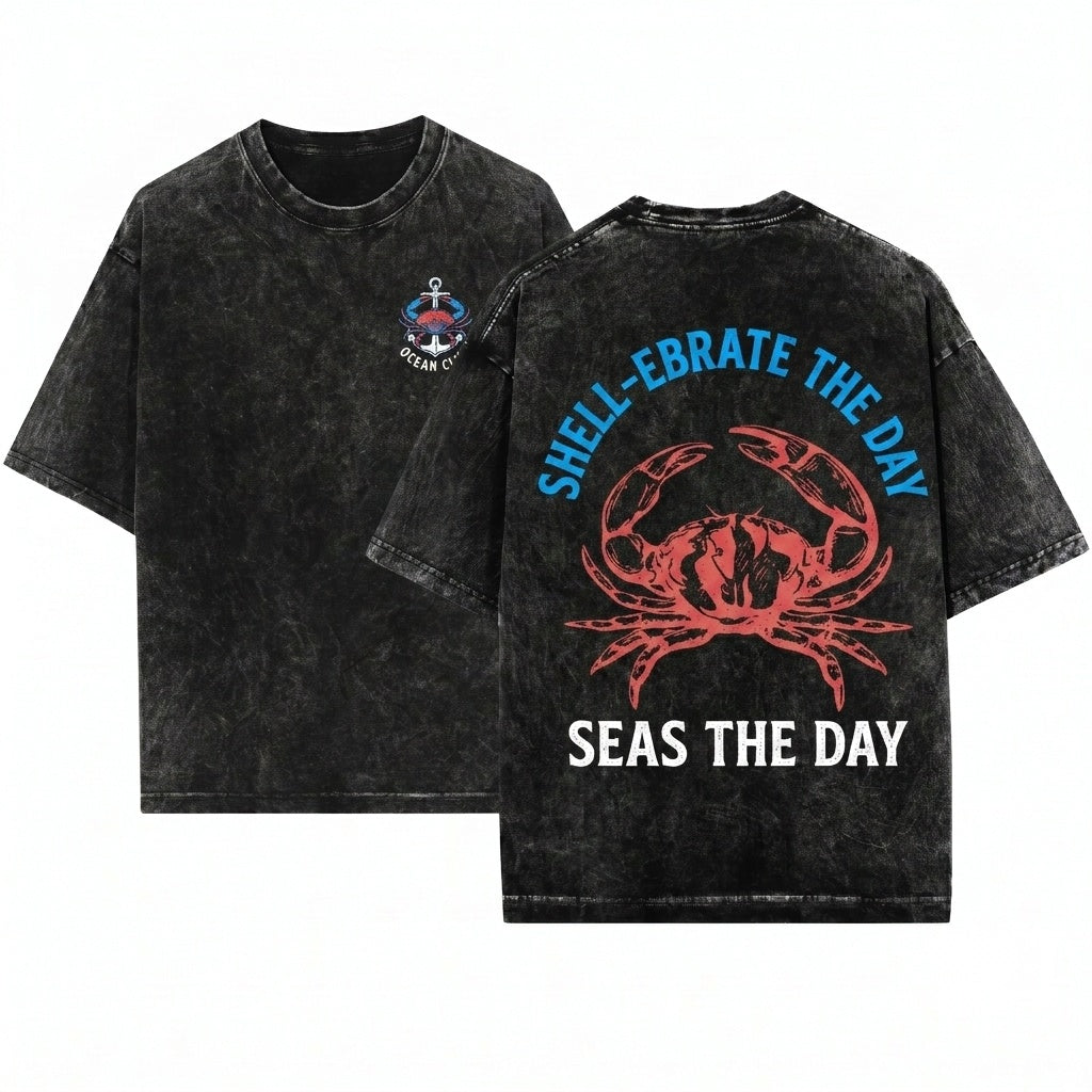 Funny Crab Seas The Day Graphic Beach Lover Gift Unisex Wash T-Shirt
