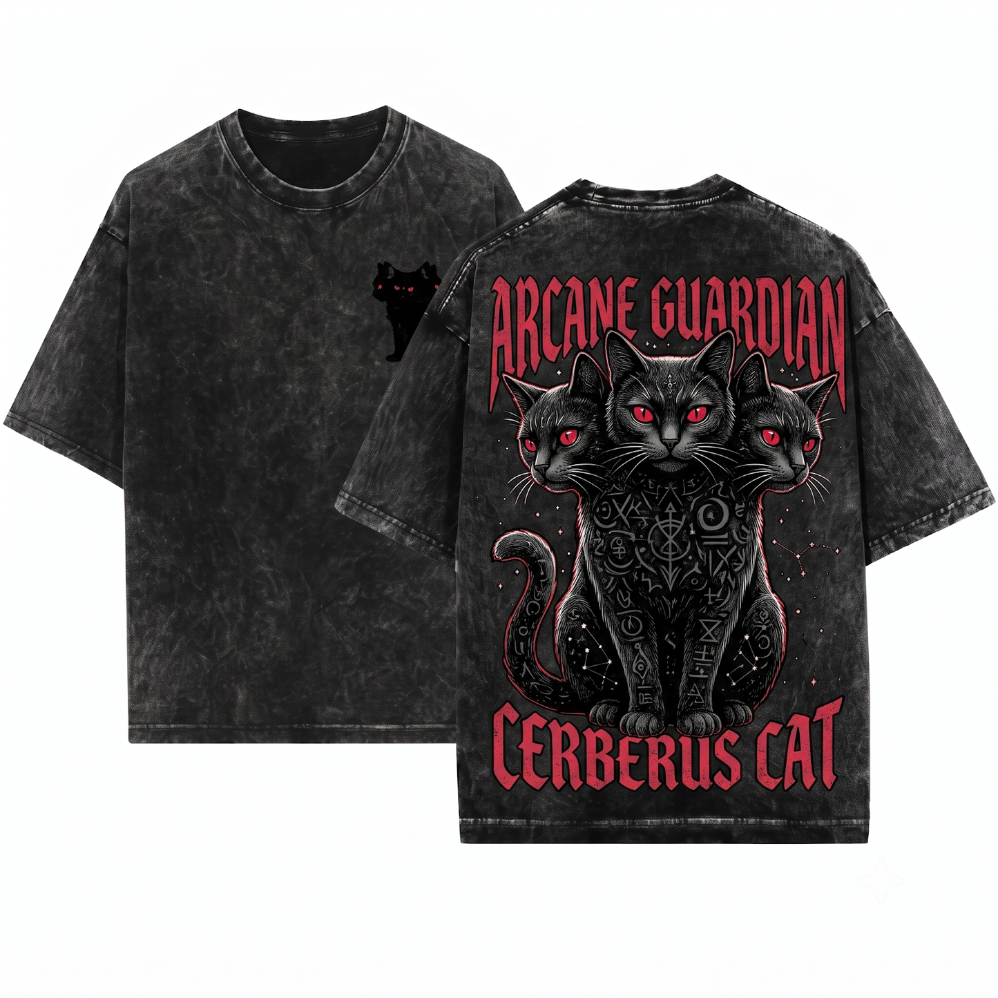 Three Headed Black Cat Minimalist Witchy Occult Surreal Feline Lover Unisex Heavyweight Garment-Dyed T-Shirt