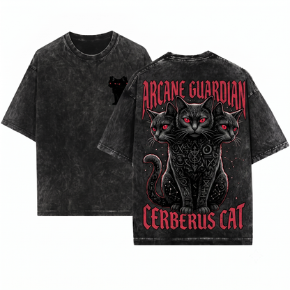 Three Headed Black Cat Minimalist Witchy Occult Surreal Feline Lover Unisex Heavyweight Garment-Dyed T-Shirt