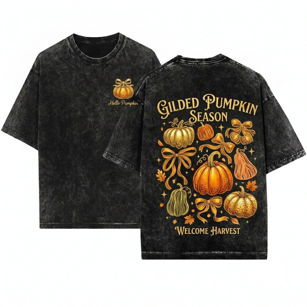 Glitter Orange Bow Pumpkin Fall Harvest Thanksgiving Season Doodle Graphic Unisex Wash T-Shirt