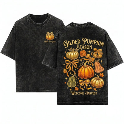 Glitter Orange Bow Pumpkin Fall Harvest Thanksgiving Season Doodle Graphic Unisex Wash T-Shirt