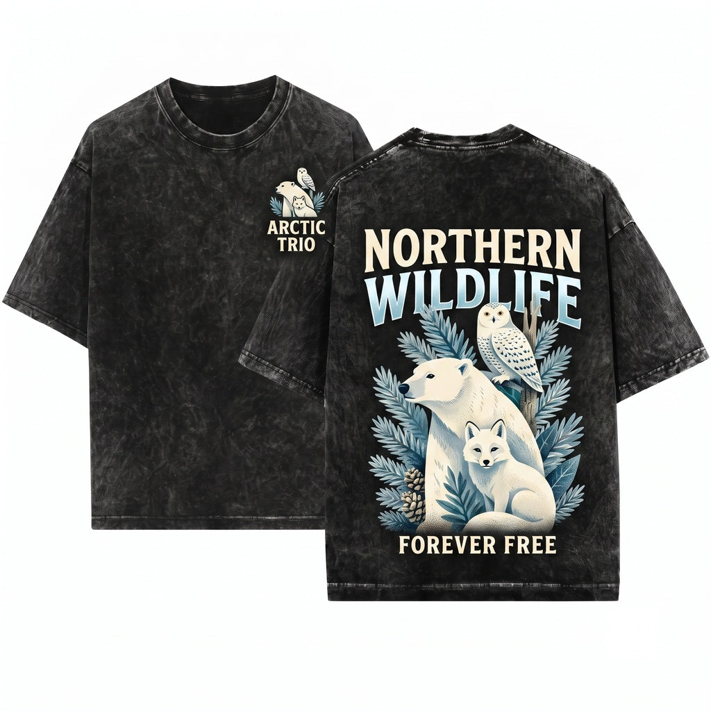 Retro Arctic Wildlife Polar Bear Fox Owl Winter Wilderness Nature Animal Lover Unisex Wash T-Shirt